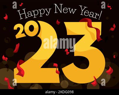 Festive design with golden number 2023, red confetti and streamers to celebrate a happy New Year. Design in cartoon style over dark background with bo Stock Vector