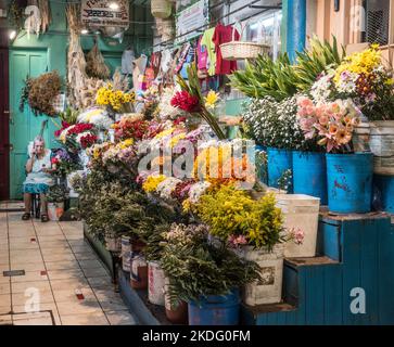 Older woman talking on a cell phone at her flower shop in the Central Market in San José, Costa Rica. Stock Photo