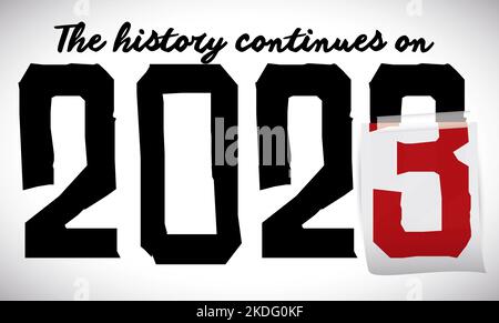 Paper with adhesive tape covering the number 2022, with number 3 in red color and greeting, promoting that the story continues this 2023. Stock Vector