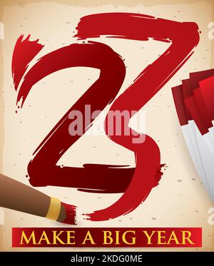 Scroll with handwritten number 23 in red color with a paint brush, loose-leaf papers and label wishing you a big New Year. Stock Vector