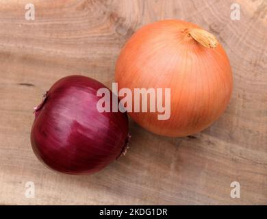 A Red and Yellow Onion on a Black Walnut Wood Background Stock Photo