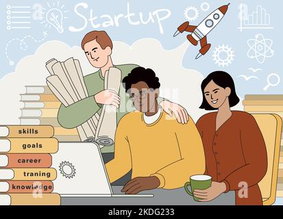 Business startup concept. Flat diverse people work together with laptop, books. Teamwork develop idea or launch project boost. Successful start up product development. Man analysing company statistics Stock Vector