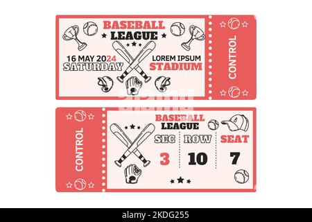 Entry tickets to championship baseball or softball. Design template at game tournament. Paper coupons for sport competition with play ball, bat and mitt. Stadium entrance pass vector illustration. Stock Vector