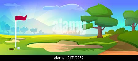 Empty golf course on nature landscape with red flag, white ball on grass, trees and blue cloudy sky. Countryside place of sport field for golf with sand bunker, green lawn cartoon vector illustration. Stock Vector