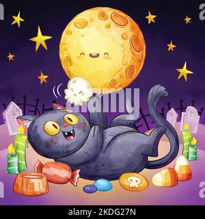 Halloween night spooky landscape with scary trees black cat pumpkins old castle and full moon in background flat vector illustration Stock Vector