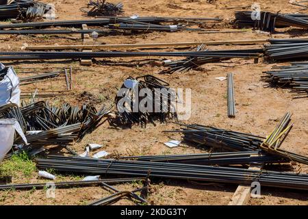Reinforcement with steel bars rebar wires is put into trench for ...