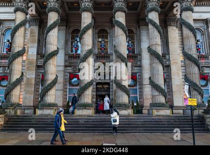 George Street, Edinburgh, Scotland, UK, 6th November 2022. Dome Christmas Lights: the Dome’s traditional Christmas decorations of  garlands and nutcracker soldiers are already in place on the front of the neoclassical building. Credit: Sally Anderson/Alamy Live News Stock Photo