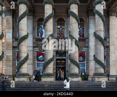 George Street, Edinburgh, Scotland, UK, 6th November 2022. Dome Christmas Lights: the Dome’s traditional Christmas decorations of  garlands and nutcracker soldiers are already in place on the front of the neoclassical building. Credit: Sally Anderson/Alamy Live News Stock Photo