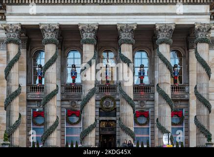 George Street, Edinburgh, Scotland, UK, 6th November 2022. Dome Christmas Lights: the Dome’s traditional Christmas decorations of  garlands and nutcracker soldiers are already in place on the front of the neoclassical building. Credit: Sally Anderson/Alamy Live News Stock Photo