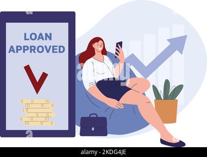Loan approved for girl. Woman issued credit from smartphone at home. Finance and online bank, convenient banking service vector concept Stock Vector