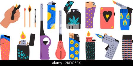 Gas lighters decorative elements. Lighting tools, lighter metallic in hand. Simple plastic spark tool for smoke and flame Stock Vector