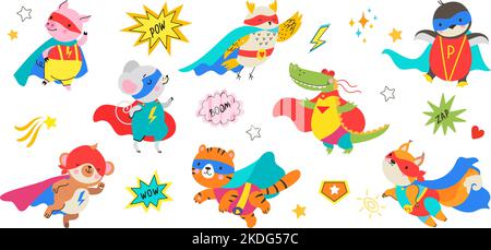 Cute cartoon superhero animals in masks and capes. Draw baby hero, animal comic stickers for children. Super strong mouse, pig and tiger, nowaday Stock Vector