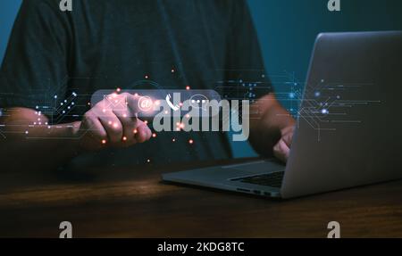 Customer service and information concept. Communication contact icon, E-mail, Phone number, Social media group, share location, address, Hand touching Stock Photo