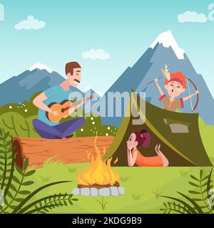 Family outdoor. father with kids relax in tent near campfire. Vector background Stock Vector