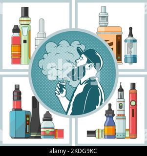 Vape tools. collections of electronic cigarettes for vaping. vector templates Stock Vector