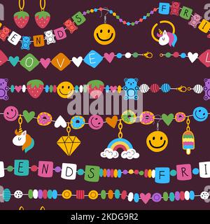 Kids jewelry pattern. Plastic fashioned beads 90s style colored elements recent vector cartoon set Stock Vector