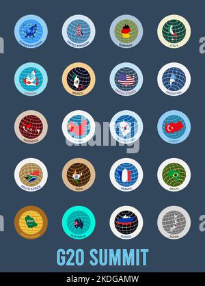 Illustration of flags and maps of the G-20 countries in the form of a logo on a globe. G20, top twenty economies of the world. Financial and economic Stock Photo