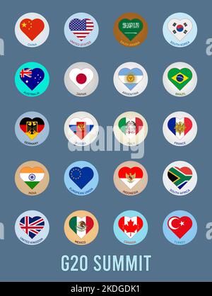 Vector illustration of the flags of the G-20 countries in the form of a logo with hearts. G20, top twenty economies of the world. Financial and econom Stock Photo