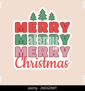 Merry Christmas groovy sticker in trendy hippie retro 1970s style with Christmas trees. Vector illustration. Stock Vector