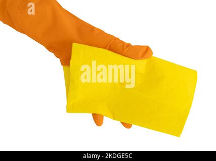 hand in rubber glove holds yellow rag on white background, house cleaning concept Stock Photo