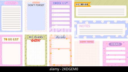 Notepads sheets template. Cartoon kids planner pages, to do and check list. Notepad schedule and lined paper. Racy cute diary journal vector design Stock Vector