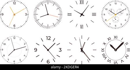 Clock faces wall clocks with numbers. Black dial watches design, isolated modern and vintage time wristwatch elements. Antique racy vector icons Stock Vector