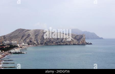 Cape Alchak-Kaya, Sudak, Crimea. Picturesque place in Sudak, mountains and sea. Stock Photo