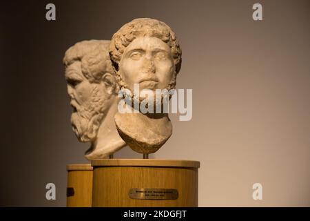 Leiden, The Netherlands - JAN 04, 2020: old marble bust of a roman man from the ancient roman empire found in Libya Tripoli. Late imperial period. Stock Photo
