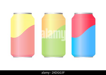Cartoon aluminum cans set. Aluminium cans design. Metallic tins. Vector illustration isolated on white background. Stock Vector