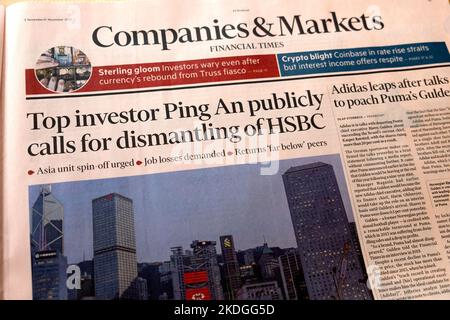 Financial Times newspaper headline 'Top investor Ping An publicly calls for dismantling of HSBC' Companies & Markets front page 5 November London UK Stock Photo