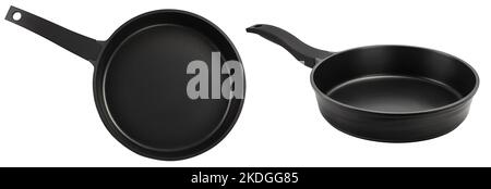 black frying pan with a non-stick coating isolated on white background with clipping path. Top view. Stock Photo