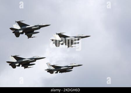 Kleine Brogel, Belgium - SEP 08, 2018: formation of Belgium F-16 fighter jets flying through the sky. Military aircraft formation flying. Stock Photo