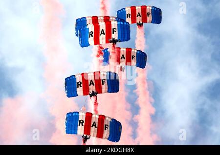 Kleine Brogel, Belgium - SEP 08, 2018: UK air force RAF parachutists  flying over during an air show at Kleine Brogel, Belgium. Stock Photo