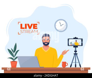 Blogger communicates in live stream with followers. Man records video content on camera. Influencer creating video for a blog. Video blogging concept Stock Vector
