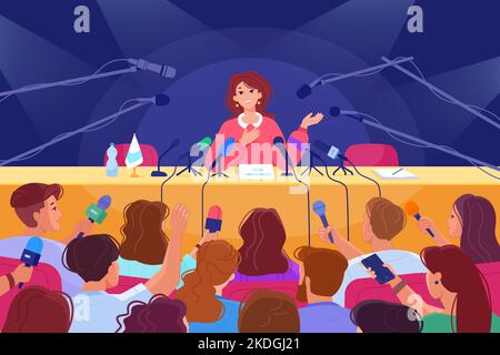 Speaker at conference table. Speaking politician with microphone, reportage crowd journalists, press interview official public speech in auditorium, vector illustration of conference table and meeting Stock Vector