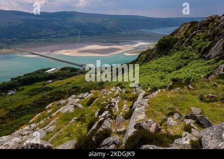 Cliff,side,of,hill,Above Barmouth,looking,down,along,on,scenic,Mawddach,Mawddach River,estuary.Barmouth,river,and,river,estuary,is,popular,open,expansive,scenic,vista,vistas,of,river,estuary,Gwynedd,Snowdonia National Park,Wales,Welsh,UK.U.K.Europe,European, Stock Photo