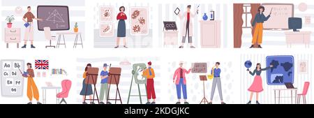 Lecturers at chalkboard. School or university teachers standing at blackboards study knowledge to students in academic classroom, college lecture work, vector illustration of education teacher Stock Vector