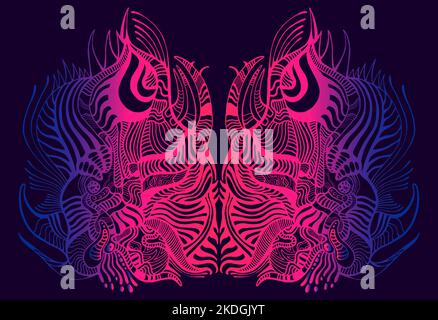 Fantastic vibrant psychedelic mirror pattern with many detalization ornament. Pattern isolated. Neon pink crimson purple gradient color outline Stock Vector