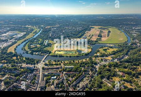 Aerial view, river Ruhr, Ruhr loop, Wassergewinnung Essen GmbH, Spillenburger Wehr, Überruhr, Essen, Ruhr area, North Rhine-Westphalia, Germany, DE, F Stock Photo