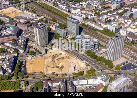 Aerial view, location view city, Essen main station, construction site demolition Ypsilon house of RWE headquarters Essen in Huyssenallee, planned new Stock Photo