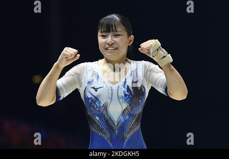 Liverpool, UK. 06th Nov, 2022. Gymnastics: World Championship, decision balance beam, women at M&S Bank Arena. Hazuki Watanabe from Japan reacts. Credit: Marijan Murat/dpa/Alamy Live News Stock Photo