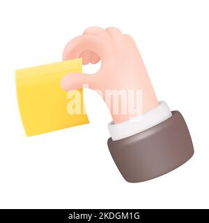 3D Hand Holding Yellow Sticky Note. Paper Sticker in Businessman Arm. Vector Illustration Isolated on White Background Stock Vector