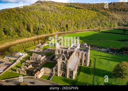 Aerial view of an ancient ruined monastery in Wales (Tintern Abbey. circa 12th century AD) Stock Photo