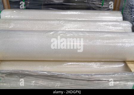 clear plastic wrap used to laminate metal roofing sheets Stock Photo