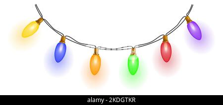 Festive garland. Bright glowing garland of multicolored light bulbs on a white background. Vector illustration. Stock Vector