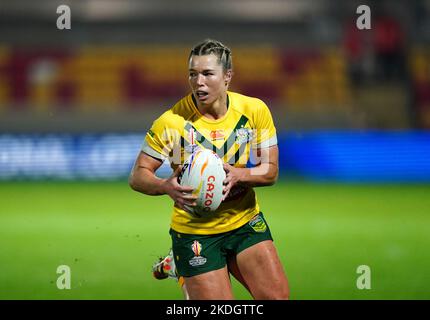 Australia's Emma Tonegato during the Women's Rugby League World Cup Group B match at the LNER Community Stadium, York. Picture date: Sunday November 6, 2022. Stock Photo