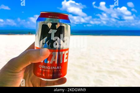 Drinking a can of cold beer Tecate red on the beach in paradise in Playa del Carmen Quintana Roo Mexico. Stock Photo