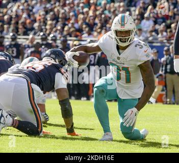 Chicago, United States. 06th Nov, 2022. Miami Dolphins running back Raheem Mostert (31) celebrates a first quarter touchdown against the Chicago Bears at Soldier Field in Chicago on Sunday, November 6, 2022. Photo by Mark Black/UPI Credit: UPI/Alamy Live News Stock Photo