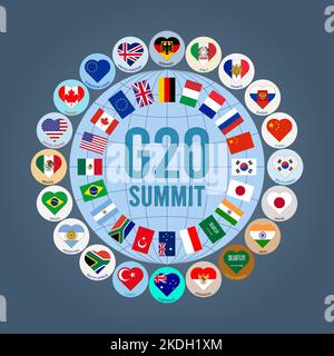 Vector illustration of the flags of the G-20 countries in the form of a logo with hearts. G20, top twenty economies of the world. Financial and econom Stock Photo