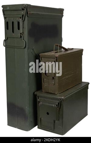 Stack of ammo cans isolated on white background Stock Photo